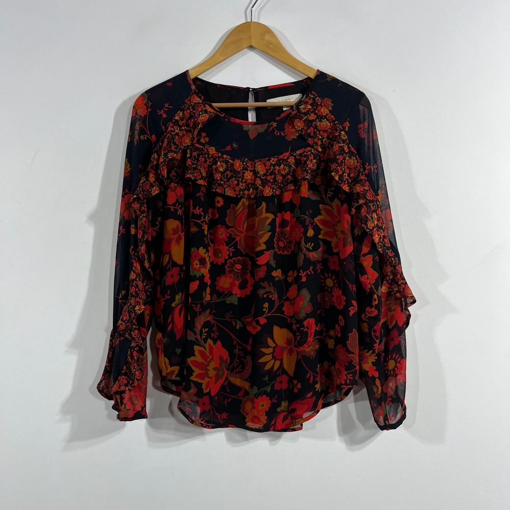 LOFT Whimsigoth Retro Boho Floral Ruffle Chiffon Top Womens Small Fairy Grunge